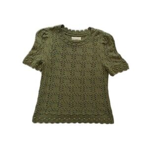 Anthropologie Green Pointelle Crochet Sweater Tee knit blouse Puff Sleeve Sz XS